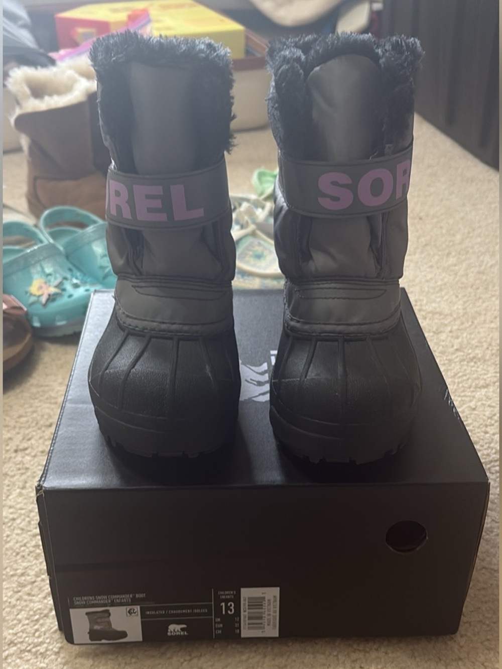 Kids Sorel Black Winter Boots with purple accents size 13 Like new